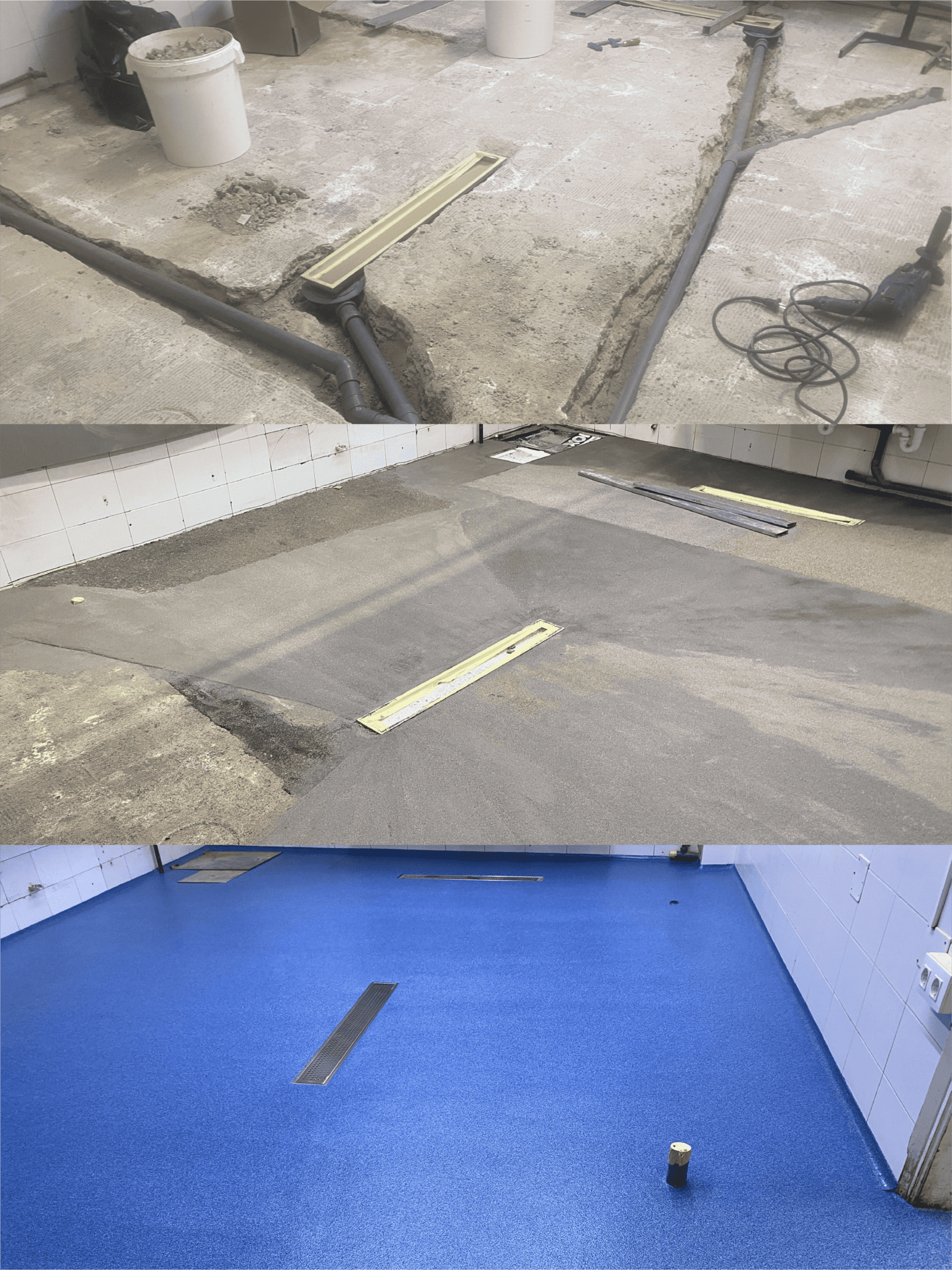 Collage de tres imágenes: 1)instalación de tubos para canales, 2)pavimento autonivelado y creación de pendientes, 3)pavimento de resina de metacrilato azul acabado con canales instaladas.
